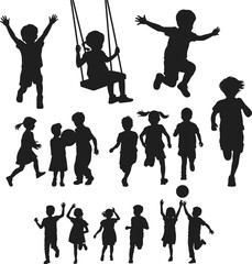 Silhouettes of children playing, running, swinging, jumping, kids having fun outdoors, active kids, childhood joy, playground activities, group of children, happy childhood moments