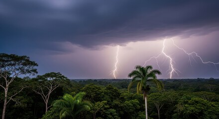 Vivid Lightning Strikes Pierce the Stormy Sky Above a Lush Rainforest Canopy