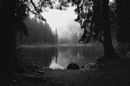 Black and white misty lake scene framed by dark trees - Powered by Adobe