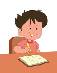 Smiling boy writing in a book