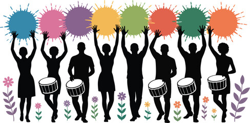 Silhouetted People with Raised Hands and Colorful Paint Splashes on Transparent Backdrop