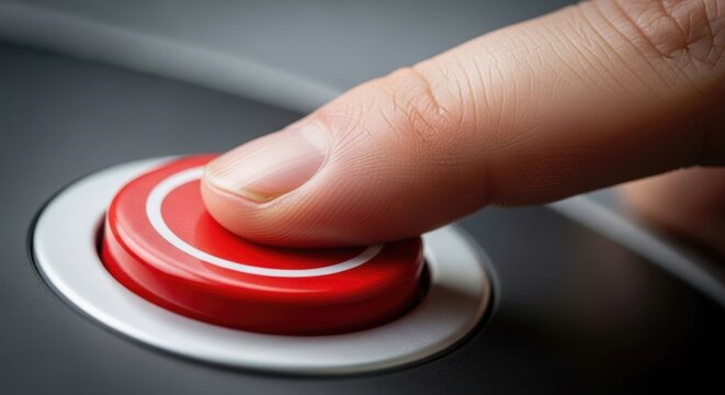 Emergency Red Button: A close-up shot showcasing a human finger poised to press a large, vivid red button, signifying action and urgency.