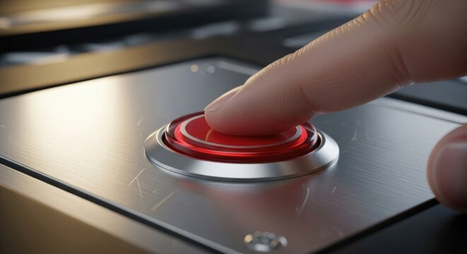 Pressing the Red Button: A close-up shot of a finger about to press a vivid red button, possibly symbolizing a critical decision or action, in a futuristic or industrial setting.