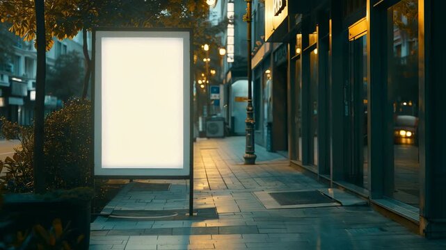 Empty advertisement billboard on city sidewalk during evening  