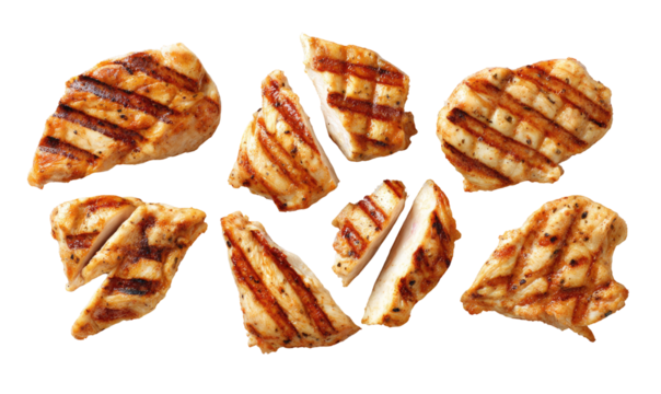 Grilled chicken pieces arranged in a visually appealing pattern.  Golden-brown, cooked chicken breast, sliced into bite-sized pieces, showing grill marks
