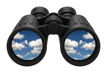 Black binoculars reflecting blue sky and white clouds. Cut out PNG