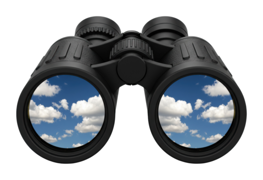 Black binoculars reflecting blue sky and white clouds. Cut out PNG