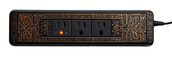 Ornate black power strip with copper-toned decorative accents.  Three outlets, a small indicator light, and a decorative border
