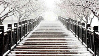 Snow-covered stairs leading upward through winter trees