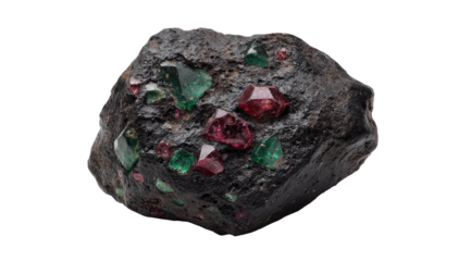 Dark rock, studded with vibrant emerald and ruby crystals