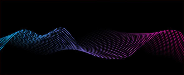 Flowing dots particles wave pattern pink and blue isolated on black, background. Vector in concept of technology, science, music, modern. eps 10