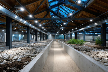 An industrial hydroponic greenhouse illustrates sustainable farming practices, featuring grow beds and a unique architectural design that maximizes plant growth and efficiency.