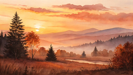 Serene Autumn Landscape with Golden Sunset Painting Rolling Hills and Trees