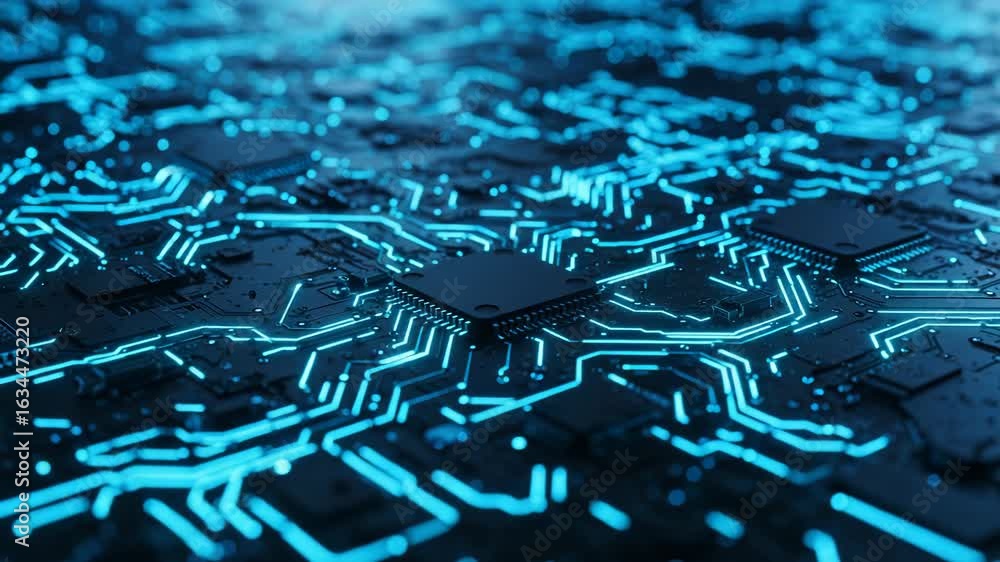 Aufkleber closeup of a futuristic blue glowing circuit board with microchips and data pathways, symbolizing ad