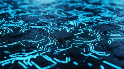 Closeup of a futuristic blue glowing circuit board with microchips and data pathways, symbolizing advanced technology and digital networks - Powered by Adobe