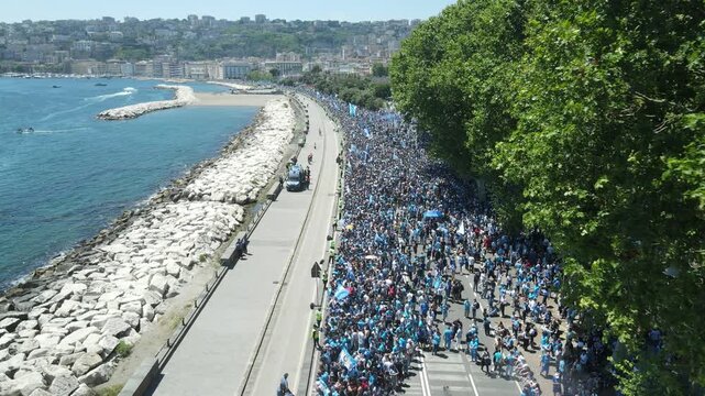 Naples Italy Aerial Drone Footage &ndash; Open Top Bus Parade Celebration for SSC Napoli Fourth Serie A Title