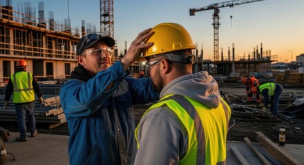 Construction Site Safety First: A construction worker is adjusting his colleague's safety helmet, emphasizing safety in a construction environment.