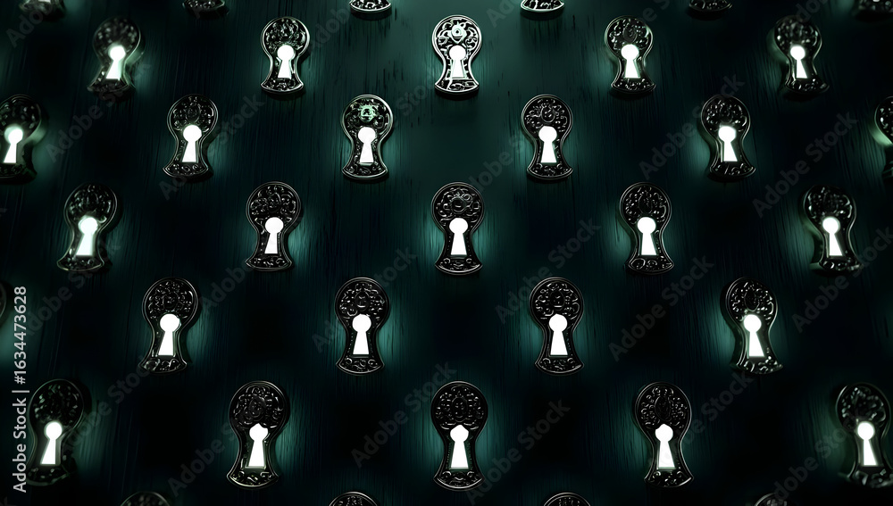 Poster a visually striking composition of multiple keyholes, creating a sense of mystery and curiosity in a