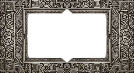 Symmetrical vintage metallic frame with tribal carvings, bold frame touching all four edges, central white background