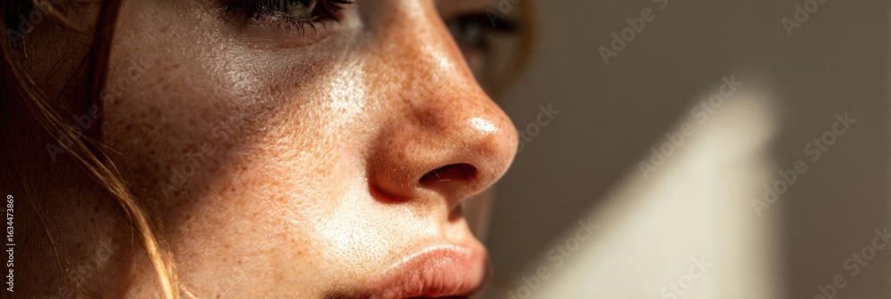 Poster Sunlight Highlights on Cheeks and Nose Create a Soft Glow in a Minimalist Setting With Clear Upper Third Framing