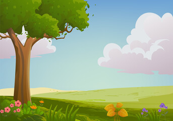 Cartoon nature landscape vector illustration. With green meadow, grass, flowers and trees  farm, village countryside for kids theme background.