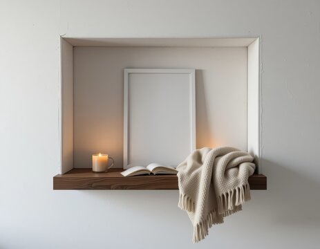Cozy nook with a lit candle, open book, and soft blanket on a shelf