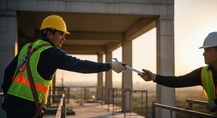 Construction Tool Transfer: A focused exchange of a tool between two construction workers, captured against the backdrop of a building site and the golden hour. 