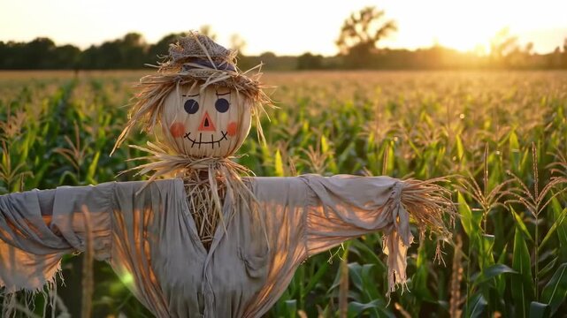 Golden sunset scarecrow in a cornfield autumn harvest scene