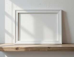 Clean white frame rests on a rustic wooden shelf with soft sunlight casting shadows on a textured wall.