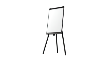 A blank white interactive whiteboard on a black tripod stand