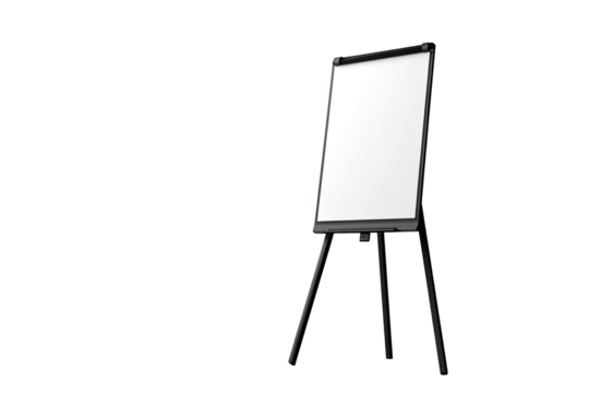 A blank white interactive whiteboard on a black tripod stand
