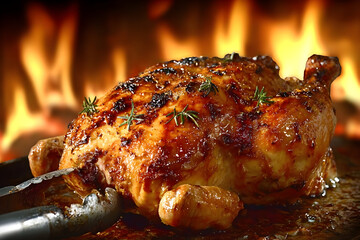 Juicy roasted chicken garnished with herbs, sizzling and golden, perfect for festive meals and culinary delights.