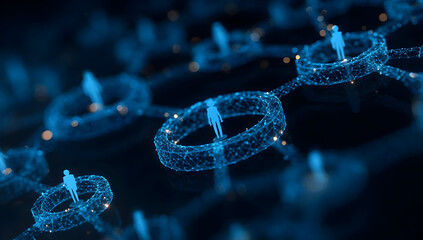 Abstract digital network connection depicting social interactions through glowing nodes and figures in a virtual space.