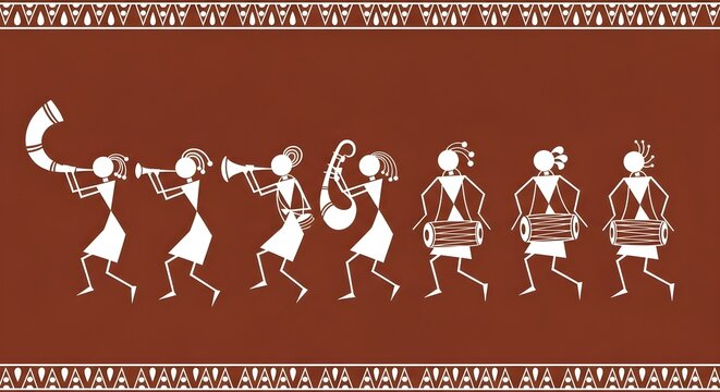 Traditional Indian musical procession in Warli folk art style