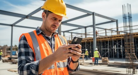 Construction Worker Using Mobile Phone: A focused construction worker, clad in safety gear, engages with his mobile phone amidst the structural framework of a building.