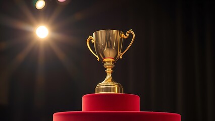 Shining gold trophy cup on a velvet podium, spotlighted dramatically against a dark background.