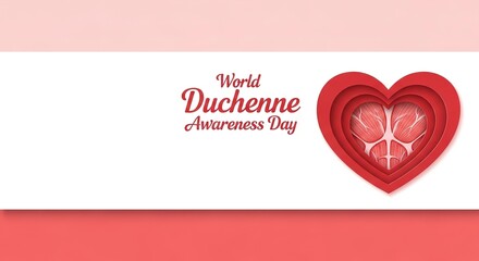 Horizontal banner with red heart-shaped awareness ribbon merged with muscular arm icon right side, "World Duchenne Awareness Day" text, blank left with light background, minimal.
