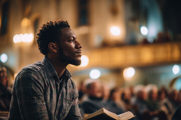  Devoted man reading Bible in church during service