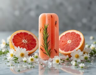 Refreshing grapefruit popsicle with rosemary garnish, surrounded by fresh fruit and delicate flowers