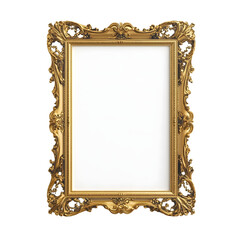 Ornate antique gold baroque picture frame with intricate scrollwork and decorative elements isolated on transparent background