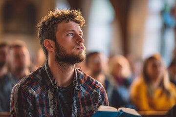 Young man focused on sermon in church setting