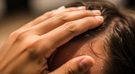 Fototapeta premium Exhaustion: A close-up shot of a person with perspiration on his forehead, hand on his forehead, conveying feeling hot and tired after a workout. 