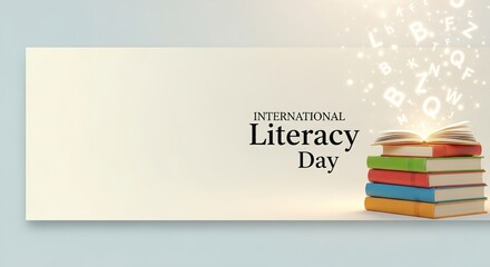 International Literacy Day Banner with Glowing Books and Floating Alphabet Letters