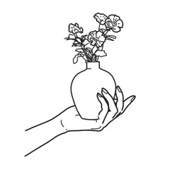 vector illustration of a flower in a pot held in the hand upwards.
