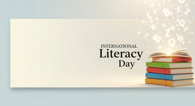 International Literacy Day Banner with Glowing Books and Floating Alphabet Letters