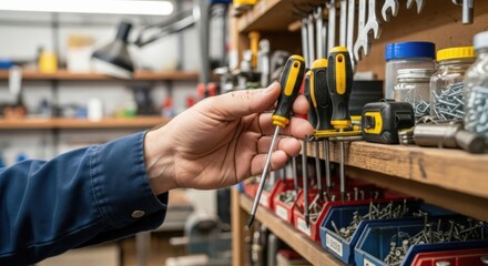 Workshop Hand's Choice: A craftsman selects a tool from an organized shelf, showcasing a detailed close-up of hands-on work, organization, and skilled craftsmanship.