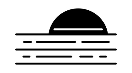 A minimalist black silhouette of a setting sun above horizontal lines representing water or horizon.