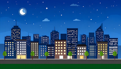 Night city skyline with moonlit scene.