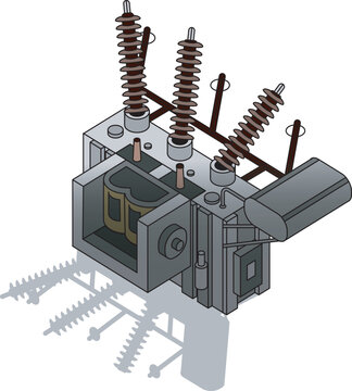 Isometric vector of a power transformer with internal coils and bushings, used in electrical substations. Ideal for illustrating energy transmission, high voltage systems, and utility equipment.