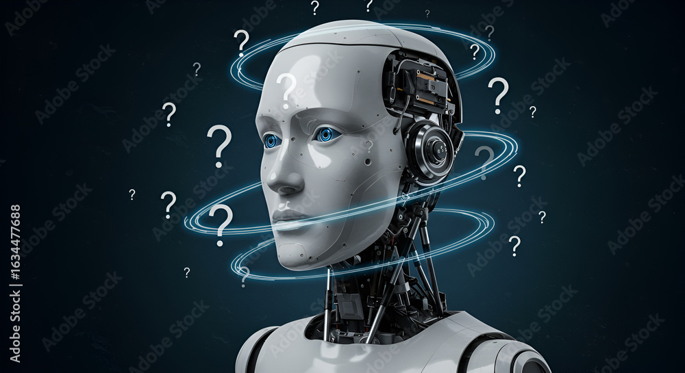 Poster artificial intelligence robot contemplating with question marks in futuristic conceptualization